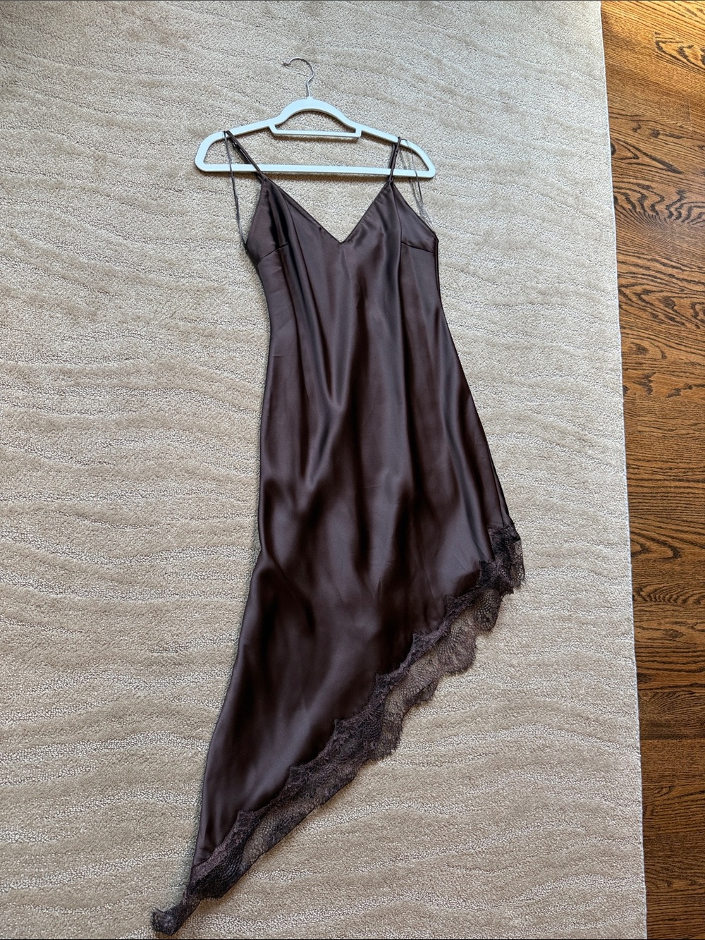 Zara Satin Slip Dress with Lace Hem in Deep Brown - Picture 14 of 17